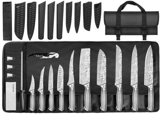 MOSFiATA Kitchen Knife Set, 17 Pcs Japanese Stainless Steel Knife Sets for Kitchen with Oxford cloth storage bag with Knife Sharpening Rod, Dishwasher Safe, For Outdoor
