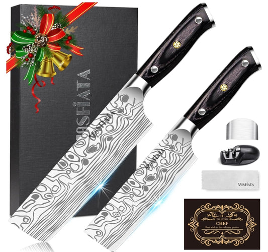 MOSFiATA Nakiri Kitchen Knife, 7”&5.5" Chef Knife Set, Ultra Sharp German Stainless Steel Cleaver Cooking Knife with Ergonomic Handle Gift Box