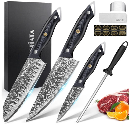 MOSFiATA 3PCS Knife,Kitchen Knives Set with VG10 Steel, Ultra-Sharp Professional Chef Knife Set and Full Tang G10 Handle, Gift Box