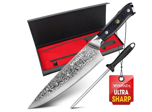 MOSFiATA Chef Knife 8 Inch, Damascus Kitchen Knife,Ultra Sharp Chef's Knives with 67-Layer Damascus Steel VG-10 Blade,Knife Sharpener Rod Gift Box