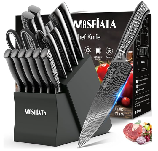 MOSFiATA Kitchen Knife Set, 17 Pcs Japanese Stainless Steel Knife Sets for Kitchen with Block with Knife Sharpening Rod, Dishwasher Safe, Titanium Plated Knife Block Set (Gray)
