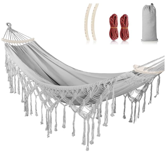 MOSFiATA Backyard Hammock with Tassels Max 500lbs Canvas Fabric Bohemian Style with Thickened Rope and Carry Bag for Outdoor, Garden, Patio, Wedding Decor (Gray)