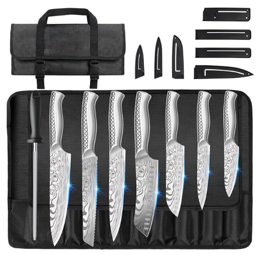 MOSFiATA Kitchen Knife Set 9 PCS with Foldable Roll Bag, Pro Stainless Steel 5Cr13MoV Ultra Sharp Santoku Knives with Honing Rod, Dishwasher Safe butcher Knife Set for Cooking Outdoor Travel