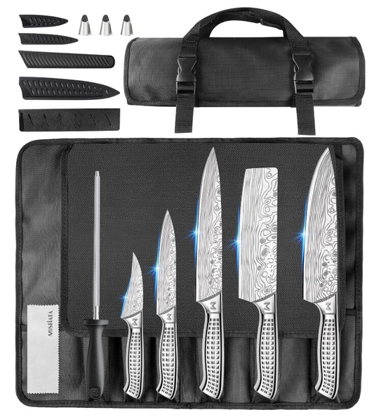 MOSFiATA Kitchen Knife Set, 10 Pcs Japanese Stainless Steel Knife Sets for Kitchen with Oxford cloth storage bag with Knife Sharpening Rod, Dishwasher Safe, For Outdoor