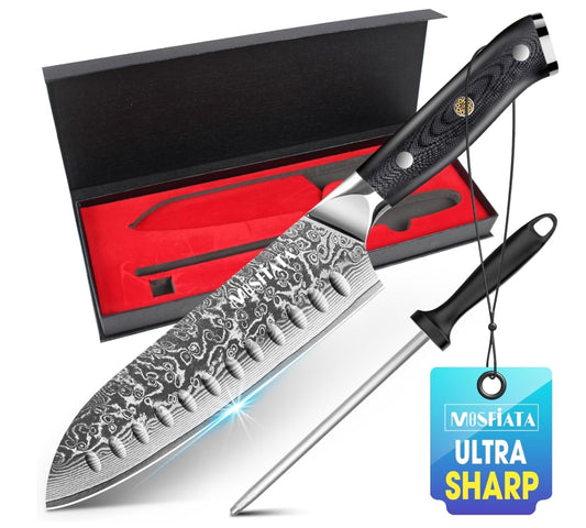 MOSFiATA Chef Knife,Kitchen Knife Santoku Chef's Knife 7 inch Multifunction Kitchen Knives Damascus Steel VG-10 Blade,Knife Sharpener Rod Gift Box