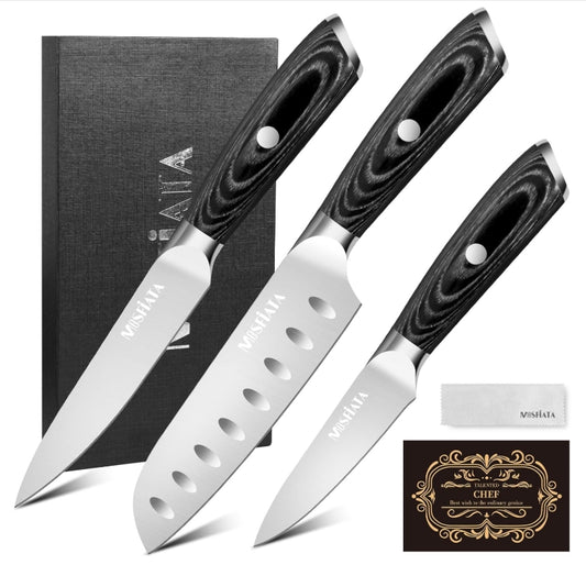 MOSFiATA 3pcs Kitchen Knife Set, Sharp Chef Knife High Carbon German EN1.4116 Stainless Steel Santoku Cooking Knife, Fruit Paring Knife Kitchen Chopping Knives Set with Wooden Handle and Gift Box