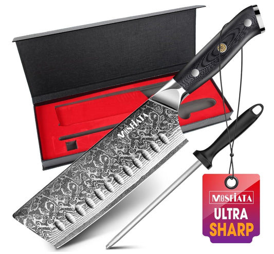 MOSFiATA 7'Nakiri Knife Damascus Professional Sharpe Chef Knife, Kitchen Knifed Damascus Steel VG-10 Blade with Ergonomic Handle Sharpener