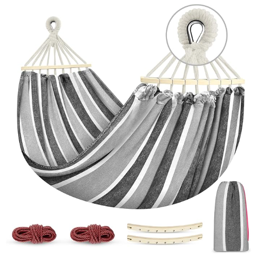 MOSFiATA Hammocks Portable Camping Hammock Upgraded 550lb Comfortable Fabric Hammock with Two Anti Roll Balance Beam and Sturdy Tree Straps for Camping, Patio, Backyard, Outdoorļ¼Greyļ¼