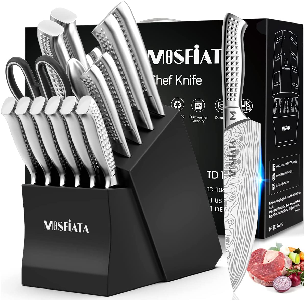 MOSFiATA Kitchen Knife Set, 17 Pieces Japan Stainless Steel Knife Sets for Kitchen with Block with Knife Sharpening Rod,Chefs,Santoku, Carving,Paring,6 Steak Knives & Shears, Dishwasher Safe, Silver