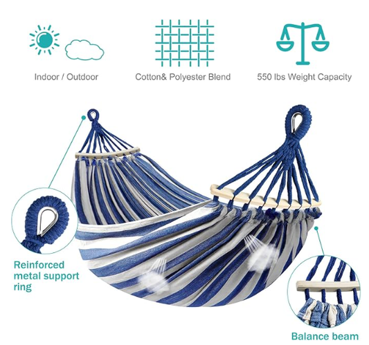 MOSFiATA Hammocks Portable Camping Hammock Upgraded 550lb Comfortable Fabric Hammock with Two Anti Roll Balance Beam and Sturdy Metal Knot Tree Straps for Camping, Patio, Backyard, Outdoor(Blue White)