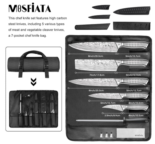 MOSFiATA Kitchen Knife Set, 10 Pcs Japanese Stainless Steel Knife Sets for Kitchen with Oxford cloth storage bag with Knife Sharpening Rod, Dishwasher Safe, For Outdoor