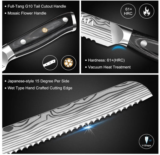 MOSFiATA Bread Knife 10.5” Ultra Sharp Knife,Long Serrations Glide Through Bread, Authentic, Handcrafted, Japanese Serrated Kitchen Knife