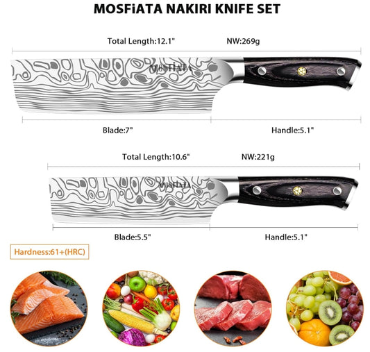 MOSFiATA Nakiri Kitchen Knife, 7”&5.5" Chef Knife Set, Ultra Sharp German Stainless Steel Cleaver Cooking Knife with Ergonomic Handle Gift Box