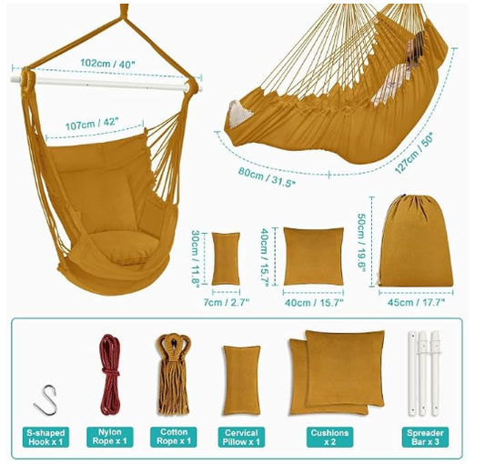 Outerman Hammock Chair, Hanging Chair with 3 Cushions and Foot Rest Support, Durable Metal Spreader Bar Max 500Lbs, Swing Chair for Bedroom, Indoor & Outdoor, Patio, Porch or Treeļ¼Khakiļ¼