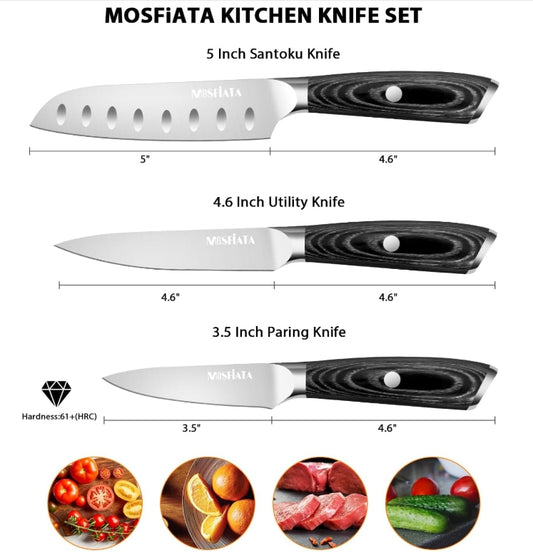 MOSFiATA 3pcs Kitchen Knife Set, Sharp Chef Knife High Carbon German EN1.4116 Stainless Steel Santoku Cooking Knife, Fruit Paring Knife Kitchen Chopping Knives Set with Wooden Handle and Gift Box