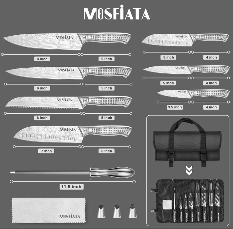 MOSFiATA Kitchen Knife Set, 12 Pcs Japanese Stainless Steel Knife Sets for Kitchen with Oxford cloth storage bag with Knife Sharpening Rod, Dishwasher Safe, For Outdoor