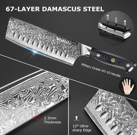MOSFiATA 7'Nakiri Knife Damascus Professional Sharpe Chef Knife, Kitchen Knifed Damascus Steel VG-10 Blade with Ergonomic Handle Sharpener