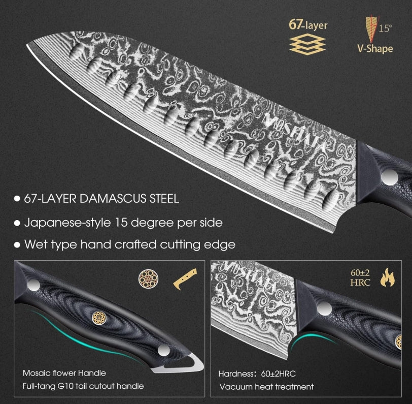 MOSFiATA 7inch Damascus Santoku Knife, Ultra Sharp Kitchen Knife,Gifts for Men and Women with Gift Box
