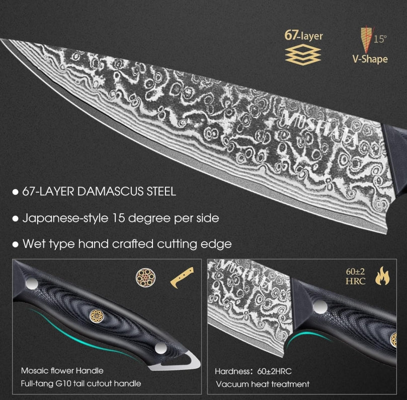 MOSFiATA Damascus Chef Knife 8 Inch, Professional Ultra Sharp Chef's Knives with 67-Layer High Carbon Damascus Steel VG-10 Blade and Ergonomic G10 Handle Kitchen Cooking Knife Gift Box
