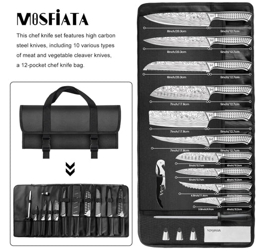 MOSFiATA Kitchen Knife Set, 17 Pcs Japanese Stainless Steel Knife Sets for Kitchen with Oxford cloth storage bag with Knife Sharpening Rod, Dishwasher Safe, For Outdoor