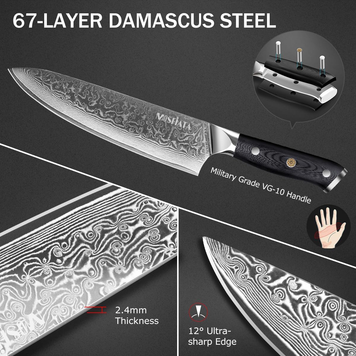 MOSFiATA Professional Damascus Chef Knife Set-3PCS, 8 ‘’Chef Knife 7”Santoku Knife and 5'Utility Knife，VG-10 High Carbon Stainless Steel with Finger Guard, Knife Sharpener Rod Gift Box