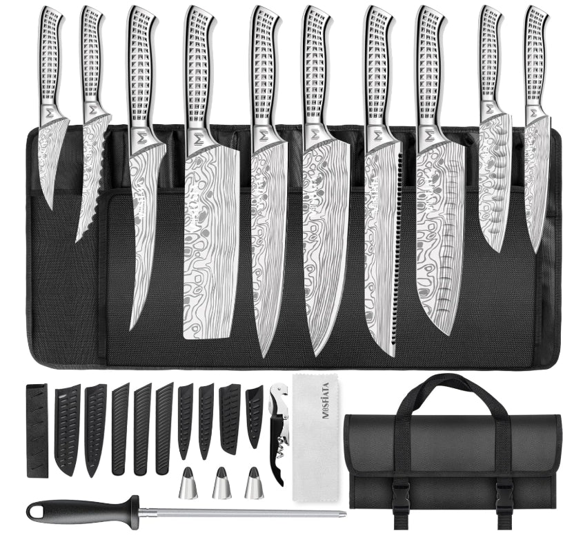 MOSFiATA Kitchen Knife Set, 17 Pcs Japanese Stainless Steel Knife Sets for Kitchen with Oxford cloth storage bag with Knife Sharpening Rod, Dishwasher Safe, For Outdoor