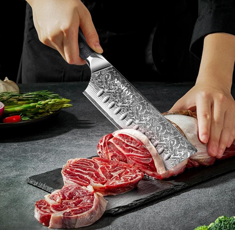 MOSFiATA 7'Nakiri Knife Damascus Professional Sharpe Chef Knife, Kitchen Knifed Damascus Steel VG-10 Blade with Ergonomic Handle Sharpener