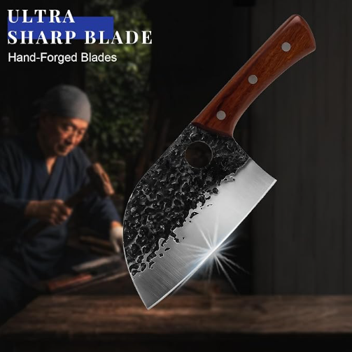 MOSFiATA 3PCS Butcher Knife Set, Hand Forged Serbian Chef Knives & Meat Cleaver & Viking Knives, Meat Cutting Kitchen Knife Set for Home