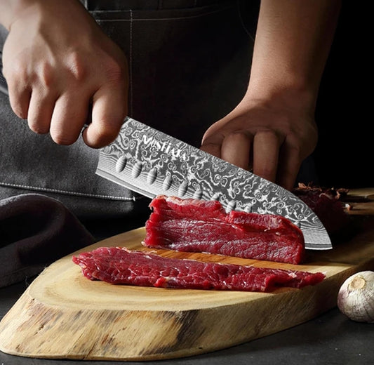 MOSFiATA Chef Knife,Kitchen Knife Santoku Chef's Knife 7 inch Multifunction Kitchen Knives Damascus Steel VG-10 Blade,Knife Sharpener Rod Gift Box