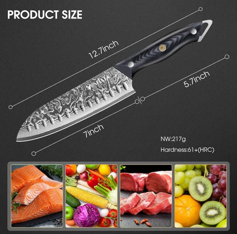 MOSFiATA 7inch Damascus Santoku Knife, Ultra Sharp Kitchen Knife,Gifts for Men and Women with Gift Box