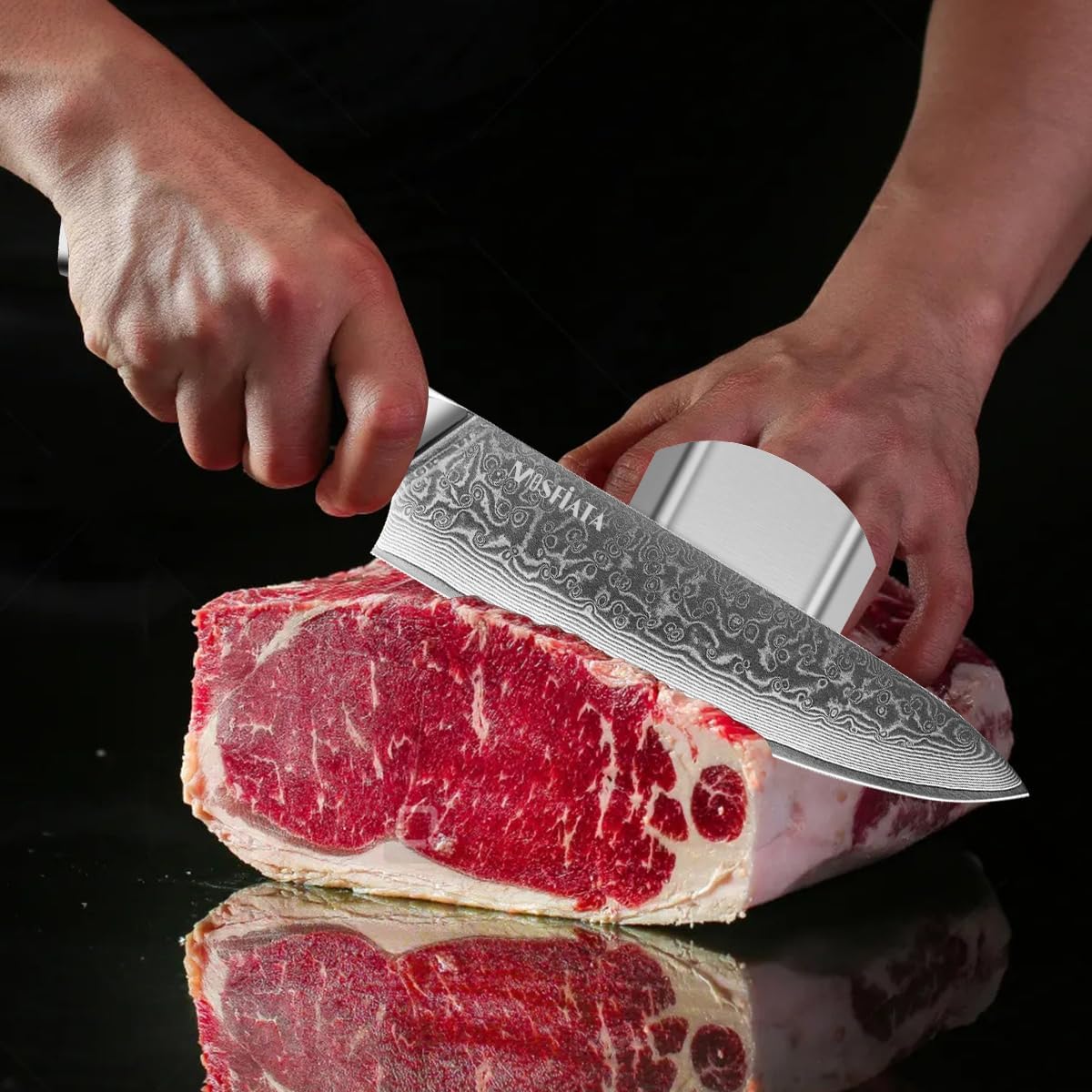 MOSFiATA Professional Damascus Chef Knife Set-3PCS, 8 ‘’Chef Knife 7”Santoku Knife and 5'Utility Knife,VG-10 High Carbon Stainless Steel with Finger Guard, Knife Sharpener Rod Gift Box