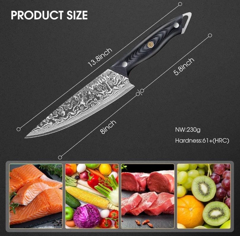 MOSFiATA Damascus Chef Knife 8 Inch, Professional Ultra Sharp Chef's Knives with 67-Layer High Carbon Damascus Steel VG-10 Blade and Ergonomic G10 Handle Kitchen Cooking Knife Gift Box