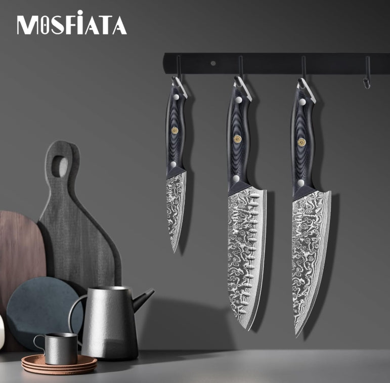 MOSFiATA 3PCS Knife,Kitchen Knives Set with VG10 Steel, Ultra-Sharp Professional Chef Knife Set and Full Tang G10 Handle, Gift Box