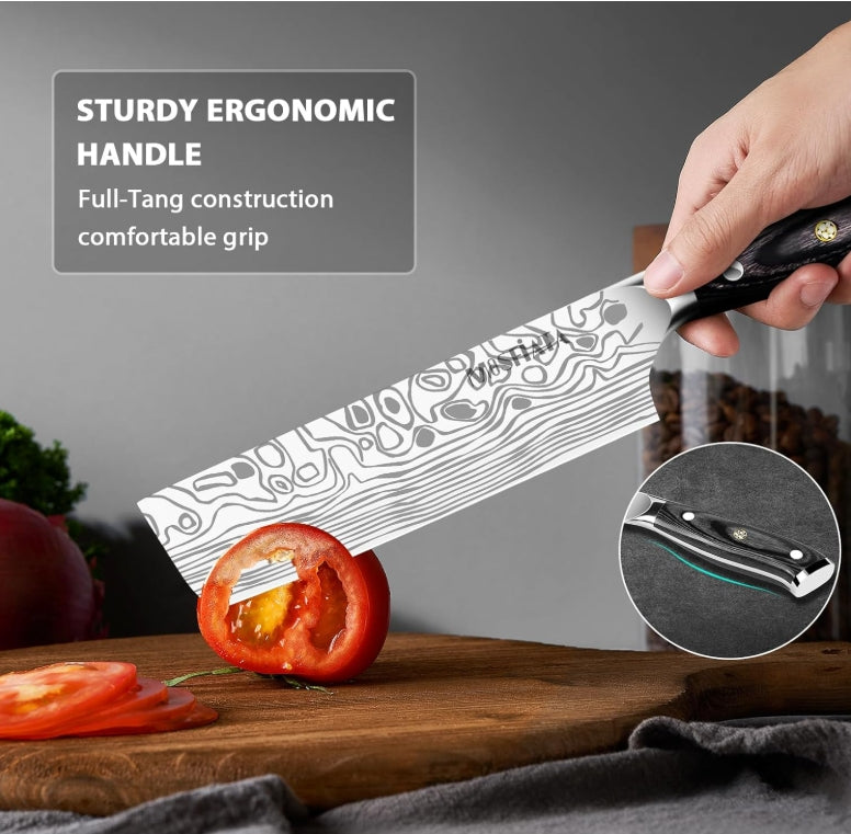 MOSFiATA Nakiri Kitchen Knife, 7”&5.5" Chef Knife Set, Ultra Sharp German Stainless Steel Cleaver Cooking Knife with Ergonomic Handle Gift Box