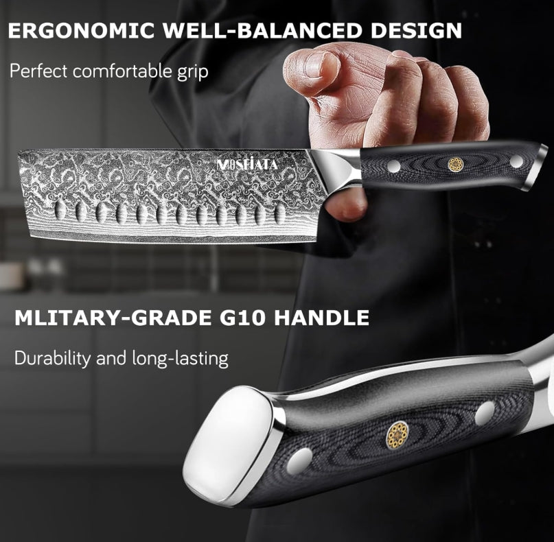 MOSFiATA 7'Nakiri Knife Damascus Professional Sharpe Chef Knife, Kitchen Knifed Damascus Steel VG-10 Blade with Ergonomic Handle Sharpener