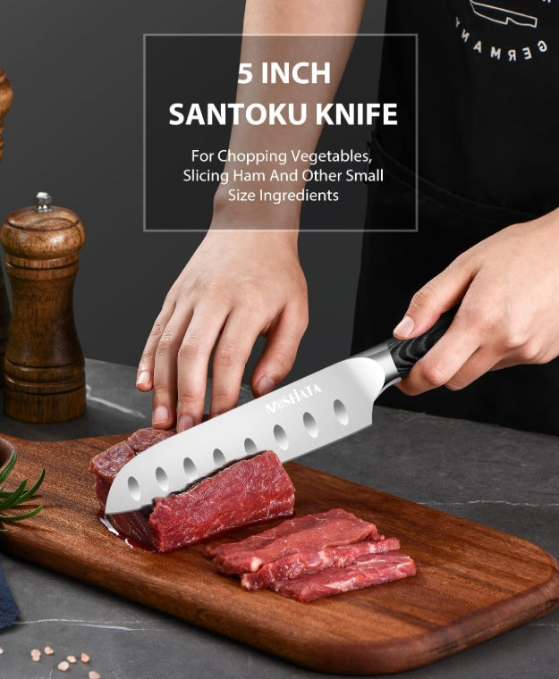 MOSFiATA 3pcs Kitchen Knife Set, Sharp Chef Knife High Carbon German EN1.4116 Stainless Steel Santoku Cooking Knife, Fruit Paring Knife Kitchen Chopping Knives Set with Wooden Handle and Gift Box