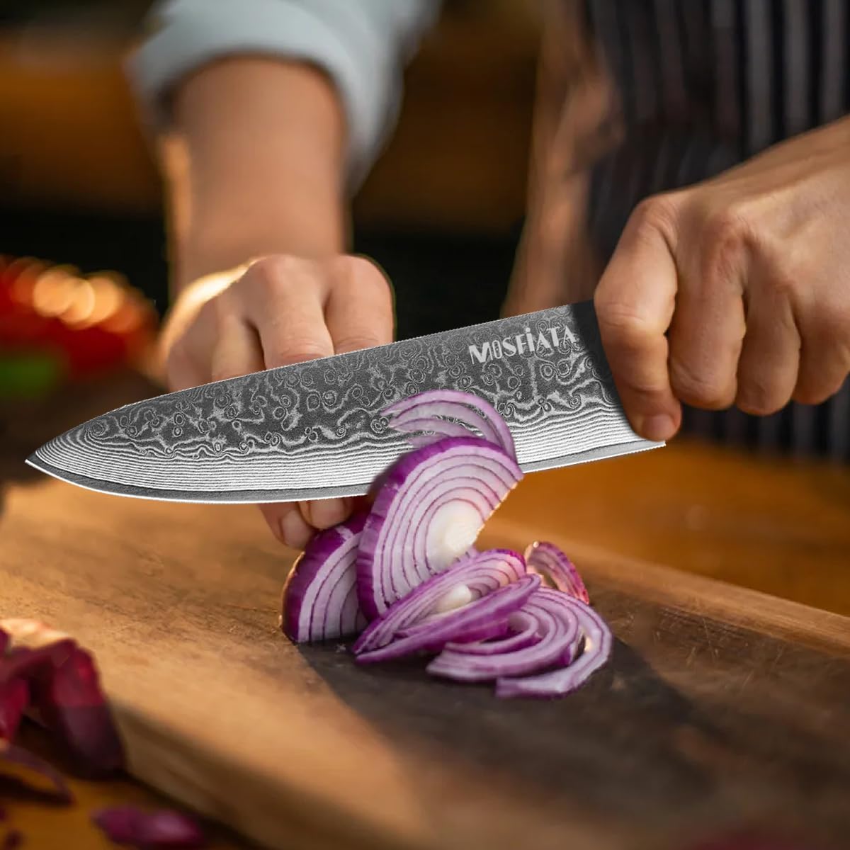MOSFiATA Professional Damascus Chef Knife Set-3PCS, 8 ‘’Chef Knife 7”Santoku Knife and 5'Utility Knife,VG-10 High Carbon Stainless Steel with Finger Guard, Knife Sharpener Rod Gift Box