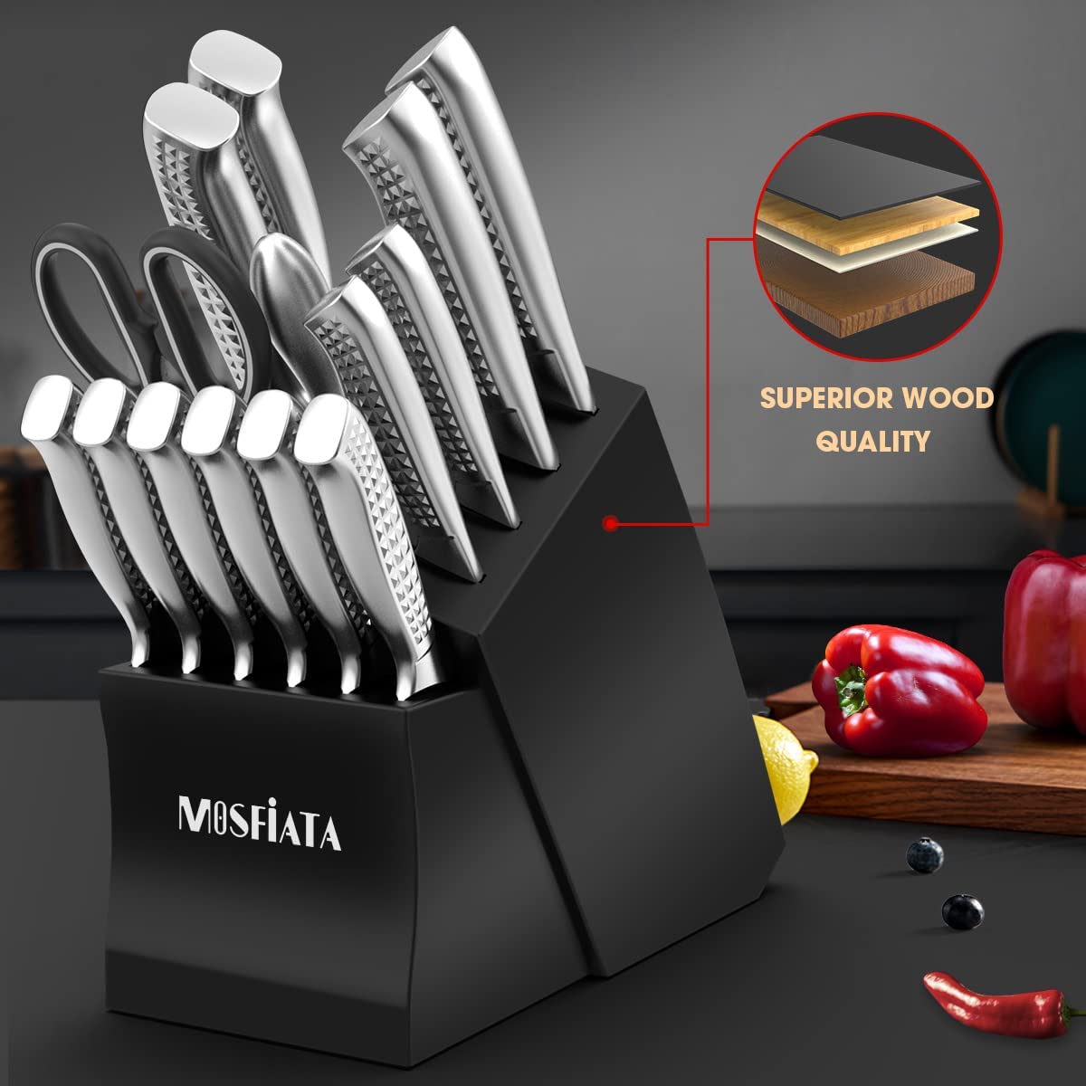 MOSFiATA Kitchen Knife Set, 17 Pieces Japan Stainless Steel Knife Sets for Kitchen with Block with Knife Sharpening Rod,Chefs,Santoku, Carving,Paring,6 Steak Knives & Shears, Dishwasher Safe, Silver