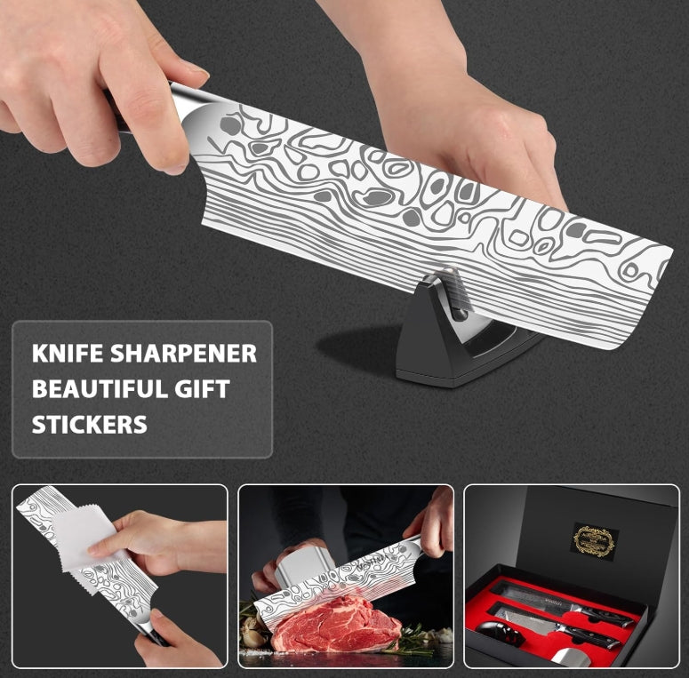 MOSFiATA Nakiri Kitchen Knife, 7”&5.5" Chef Knife Set, Ultra Sharp German Stainless Steel Cleaver Cooking Knife with Ergonomic Handle Gift Box