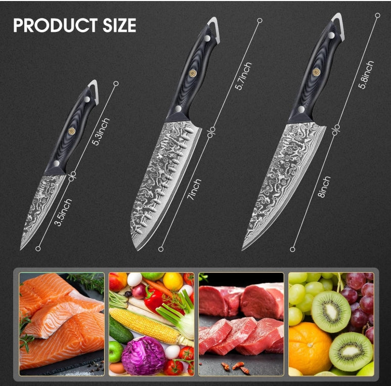 MOSFiATA 3PCS Knife,Kitchen Knives Set with VG10 Steel, Ultra-Sharp Professional Chef Knife Set and Full Tang G10 Handle, Gift Box