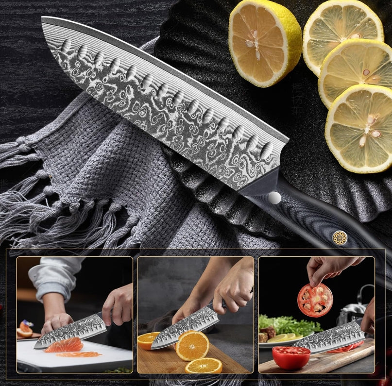 MOSFiATA 7inch Damascus Santoku Knife, Ultra Sharp Kitchen Knife,Gifts for Men and Women with Gift Box