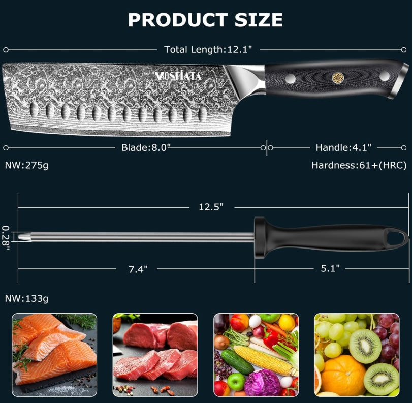 MOSFiATA 7'Nakiri Knife Damascus Professional Sharpe Chef Knife, Kitchen Knifed Damascus Steel VG-10 Blade with Ergonomic Handle Sharpener