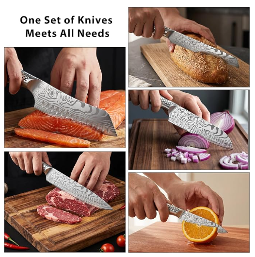 MOSFiATA Kitchen Knife Set 9 PCS with Foldable Roll Bag, Pro Stainless Steel 5Cr13MoV Ultra Sharp Santoku Knives with Honing Rod, Dishwasher Safe butcher Knife Set for Cooking Outdoor Travel