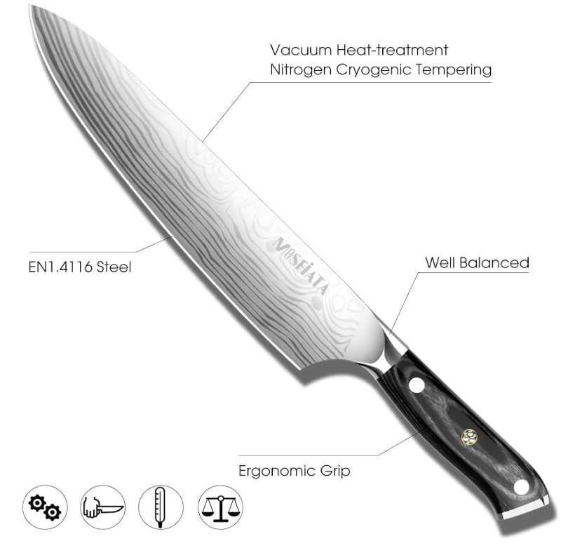MOSFiATA 10" Super Sharp Professional Chef's Knife,German High Carbon Stainless Steel EN1.4116 with Micarta Handle and Gift Box