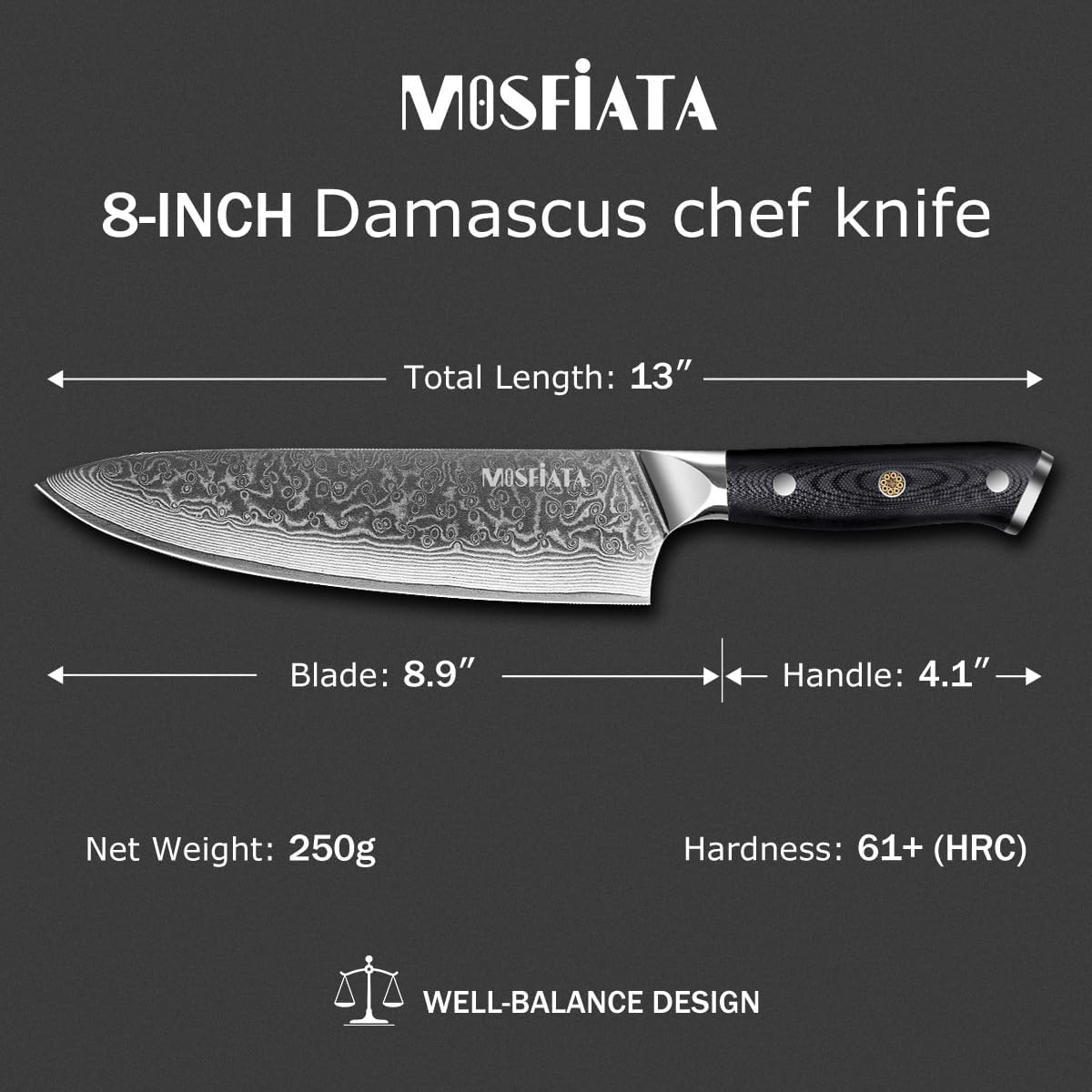 MOSFiATA Professional Damascus Chef Knife Set-3PCS, 8 ‘’Chef Knife 7”Santoku Knife and 5'Utility Knife,VG-10 High Carbon Stainless Steel with Finger Guard, Knife Sharpener Rod Gift Box