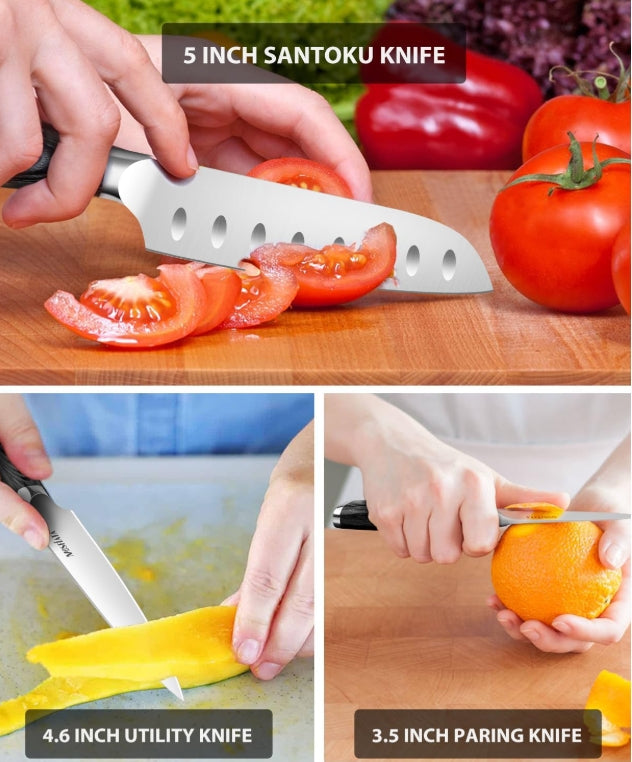 MOSFiATA 3pcs Kitchen Knife Set, Sharp Chef Knife High Carbon German EN1.4116 Stainless Steel Santoku Cooking Knife, Fruit Paring Knife Kitchen Chopping Knives Set with Wooden Handle and Gift Box