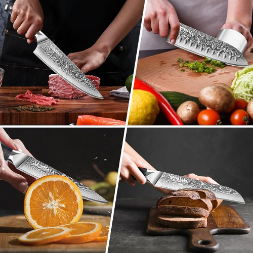 MOSFiATA Damascus Chef Knife Set 5PCS-Professional Sharp High Carbon VG10 Stainless Steel Kitchen Knife with Finger Guard, Knife Sharpener Rod Gift
