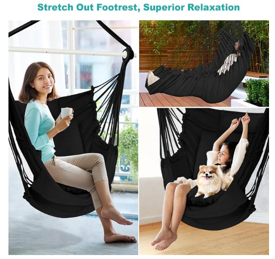 Outerman Hammock Chair, Hanging Chair with 3 Cushions and Foot Rest Support, Durable Metal Spreader Bar Max 500Lbs, Swing Chair for Bedroom, Indoor & Outdoor, Patio, Porch or Tree(Black)