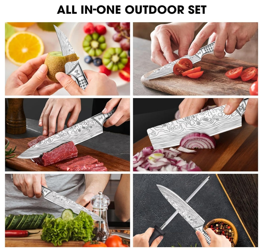 MOSFiATA Kitchen Knife Set, 10 Pcs Japanese Stainless Steel Knife Sets for Kitchen with Oxford cloth storage bag with Knife Sharpening Rod, Dishwasher Safe, For Outdoor
