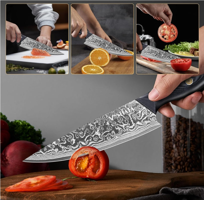 MOSFiATA Damascus Chef Knife 8 Inch, Professional Ultra Sharp Chef's Knives with 67-Layer High Carbon Damascus Steel VG-10 Blade and Ergonomic G10 Handle Kitchen Cooking Knife Gift Box